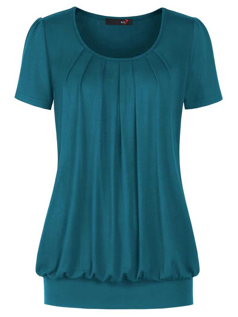 DJT Women's Short Sleeve Summer Tops Scoop Neck Pleated Front Casual Tee T Shirt X-Large Teal - Image 1